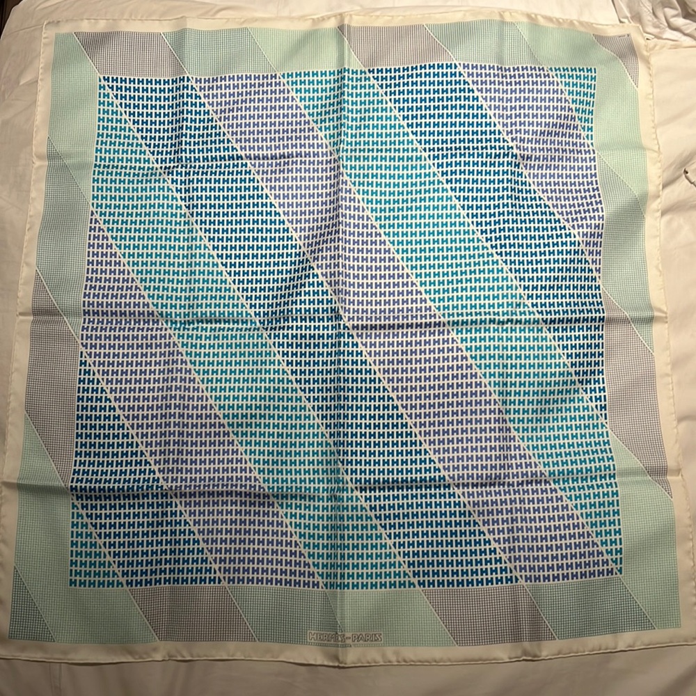 Hermes Silk Scarf Blue White H Logo 90 cm